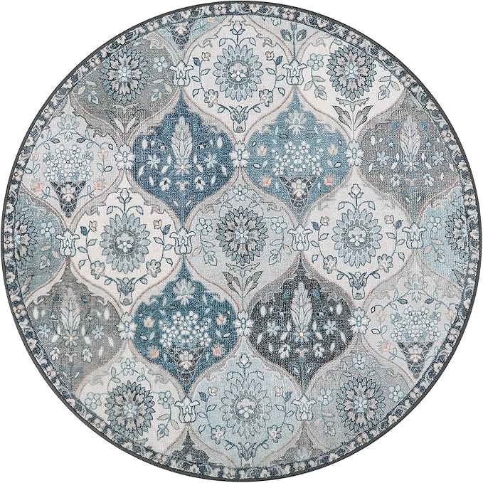 Lahome Moroccan Trellis Round Area Rugs, Washable Small Round Rug 3ft Non-Slip, Soft Vintage Ultra-Thin Circle Carpet for Bedroom Entryway Kitchen Laundry Bathroom Elise, Blue