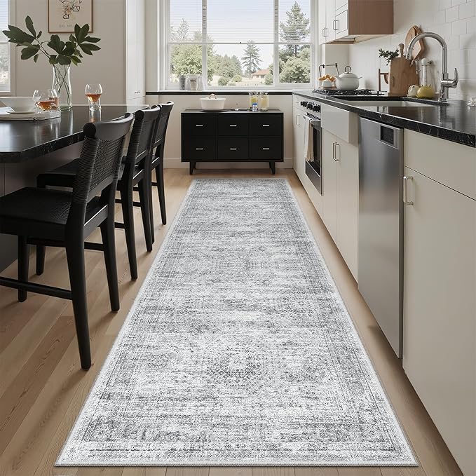 Soalmost Washable Runner Rug, 2'6" x 8' Non-Slip Kitchen Vintage Foldable Hallway Runners for Entryway, Laundry, Bedroom, Grey