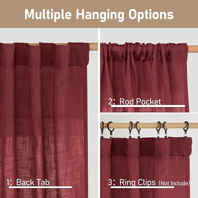 LAMIT 54 Inch Semi Sheer Window Linen Curtains, Light Filtering Panels Back Tab and Rod Pocket Christmas Decor Drapes for Bedroom/Farmhouse, Burgundy Red, 2 Panels, 34 x 54 Inch