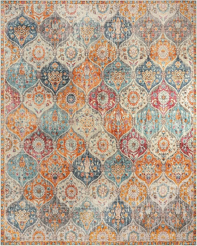 Lahome Moroccan Washable Area Rugs 8x10, 8x10 Rugs for Living Room Bedroom, Ultra-Thin Oriental Non-Slip Foldable Non Shedding Accent Large Carpet for Office Dining Room Elise, Cream/Multi
