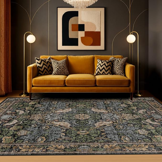 Hazo Haus Boho Living Room Rug 5x8 - Dark Green Rugs 5x8 for Bedroom, Dining Room, Office with Vintage Forest Farmhouse Botanical & Bird Design, Non Slip Stain Resistant Low Pile - Brown