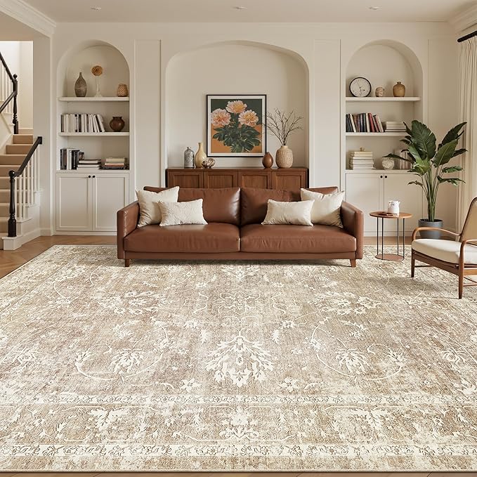 Madane 8x10 Area Rugs for Living Room, Machine Washable Vintage Neutral Rug with Non-Slip Backing, Soft Large Throw Rug, Thin Carpet for Bedroom Dining Room Farmhouse (8 x 10, Beige/Brown)