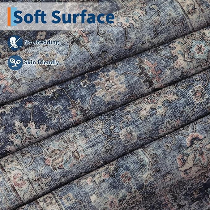 GarveeHome 5x7 Area Rugs for Living Room Machine Washable Vintage Boho Carpet Non Slip Ultra Soft Non-Shedding Throw Rug Low Pile Lightweight Indoor Floor Carpet for Bedroom Nursery Denim