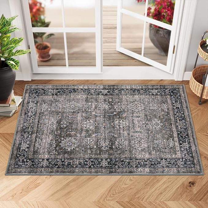 GarveeHome Area Rugs 2x3 Vintage Printed Floor Carpet with Non-Slip Backing, Stain-Resistant Oriental Throw Doormat, Washable Farmhouse Low Pile Rugs for Living Room, Bedroom, Office, Green Camel