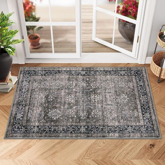 GarveeHome Area Rugs 2x3 Vintage Printed Floor Carpet with Non-Slip Backing, Stain-Resistant Oriental Throw Doormat, Washable Farmhouse Low Pile Rugs for Living Room, Bedroom, Office, Green Camel