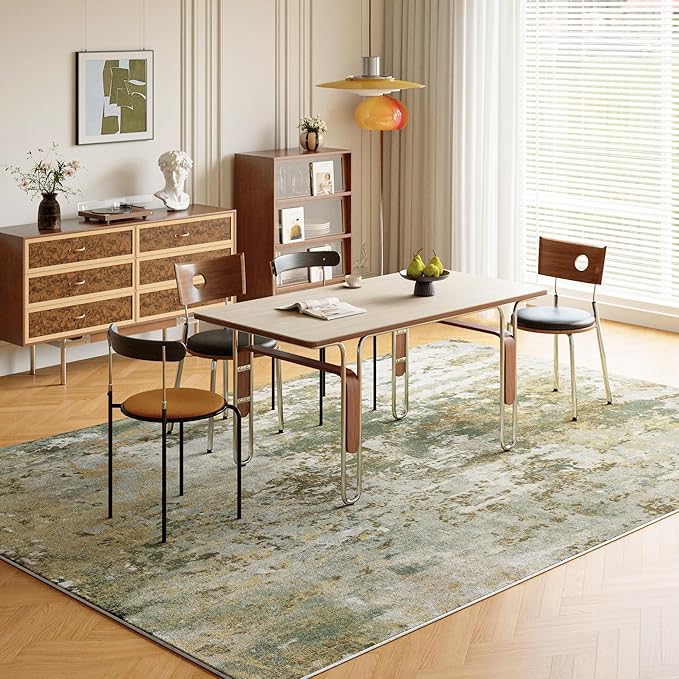 Green Washable Rug 6x9 Area Rugs for Living Room Bedroom Carpet, Indoor Vintage Abstract Boho Large Rug Non Slip Faux Wool Rugs for Dorm, Dining Room Table, Nursery, Kids Playroom, Sage Green