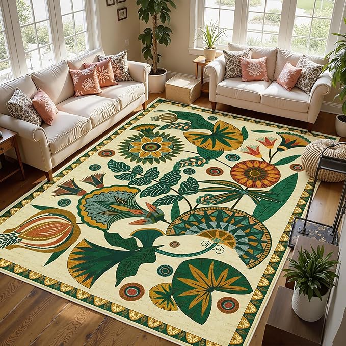 Joydeco Egypt Floral Boho 6x9 Area Rugs for Living Room, Beige Washable Bedroom Dining Room Rug Non Slip, Low Plie Vintage Soft Indoor Throw Carpet for Playroom Nursery Dorm Classroom