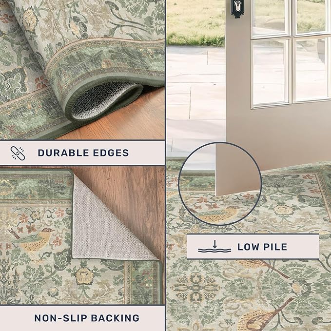 Sage Floral Kitchen Runners - 2x5 Runner Rug for Hallway Bathroom Laundry Room Bedroom Beside Bed Entryway, Boho Birds Leaves Patterned Non Slip Low Pile Washable Rugs