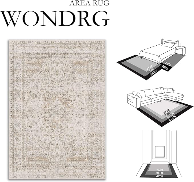 4x6 Washable Area Rug Beige Vintage Non Slip Soft Low Pile Rug for Entryway Kitchen Bathroom Distressed Oriental Throw Carpet for Living Room Bedroom Home Decor