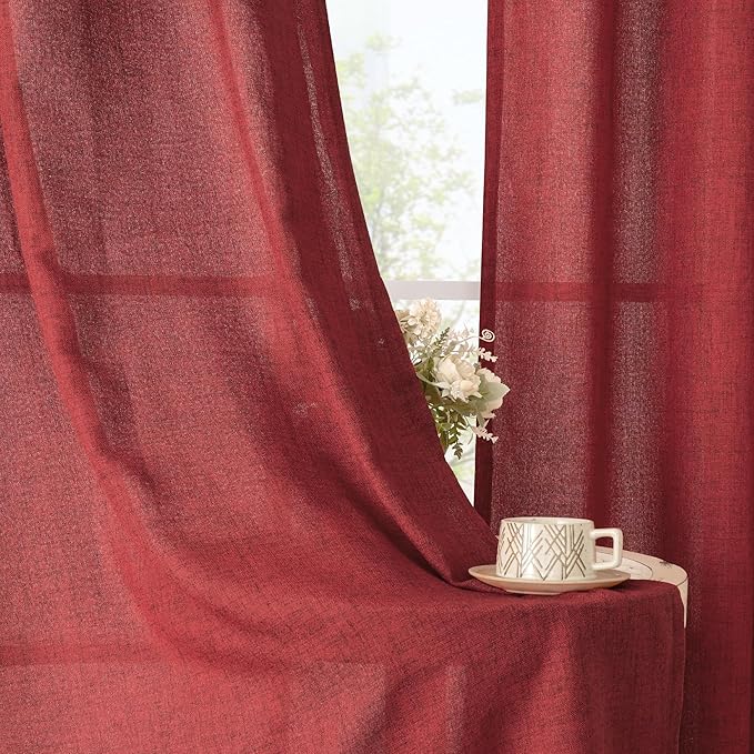 YoungsTex Burgundy Red Linen Curtains 54 Inch Length for Living Room, Light Filtering Window Drapes Semi Sheer with Bronze Grommet Privacy for Bedroom Living Room, 42 x 54 Inch, 2 Panels