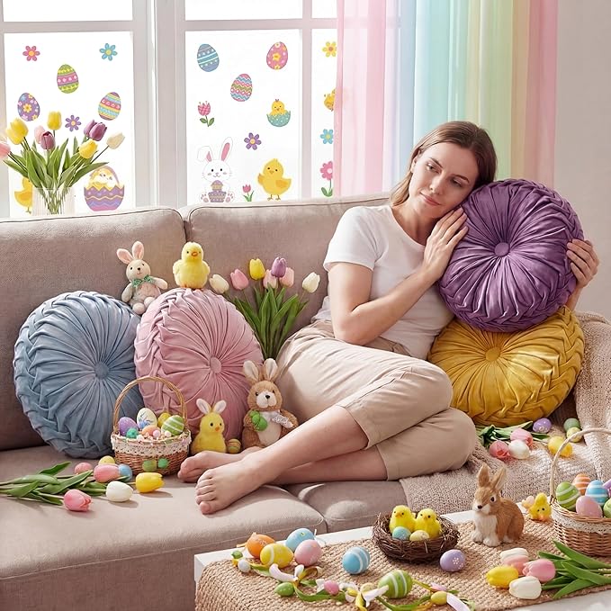 Kathfly Set of 4 Decorative Round Pleated Throw Pillows, Classy Velvet Pumpkin Round Throw Pillows, Decorative Floor Pillow for Bed Chair Home Sofa Decor, 14" Diameter(Pastel Color)