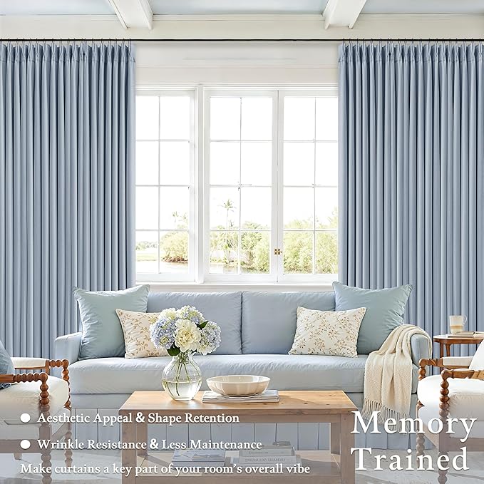 Blue Pinch Pleated Blackout Bedroom Curtains 108 Inches Long for Kids Baby 100% Black Out Thick Linen Dual Layer Pleated Drapes Coastal Light Dusty Blue 108 Inch Curtain for Dining Living Room