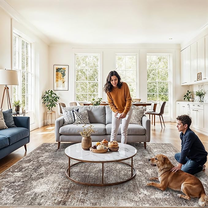 7x9 Modern Living Room Rug – Washable Neutral Abstract Area Rug for Dining Room, Kitchen, Bedroom, – Non-Slip Low Pile Soft Big Indoor Carpet (Brown Beige,7x9)