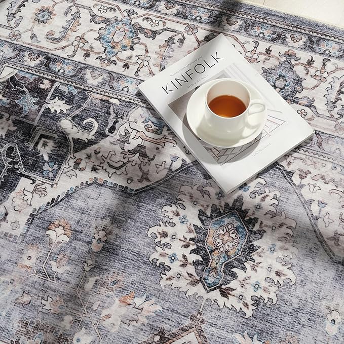 Rugcomf Vintage Medallion Kitchen Runner 2'x6' - Machine Washable Rug, Non-Slip Low Pile Boho Carpet for Hallways, Laundry, Bedroom, Bathroom - Grey and White