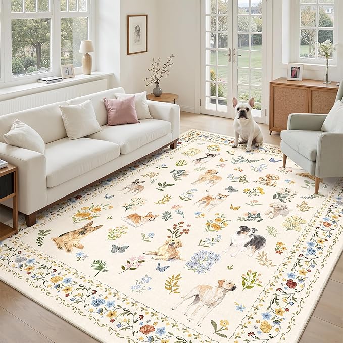 Soalmost Dog 5x7 Area Rugs for Living Room, Machine Washable Animal Floral Vintage Rug Non-Slip Low Pile Soft Throw Rugs for Kitchen Dining Room Bedroom Nursery Playroom (5 x 7,Beige)