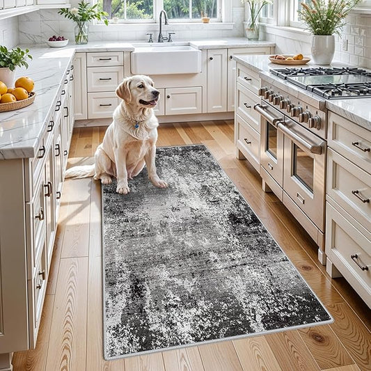 3x5 Washable Entryway Rug – Non-Slip Rubber Backed Small Area Rug for Kitchen, Bedroom, Living Room, Office – Soft Low-Pile Thin Modern Abstract Neutral Throw Rug （Black Grey,3x5）
