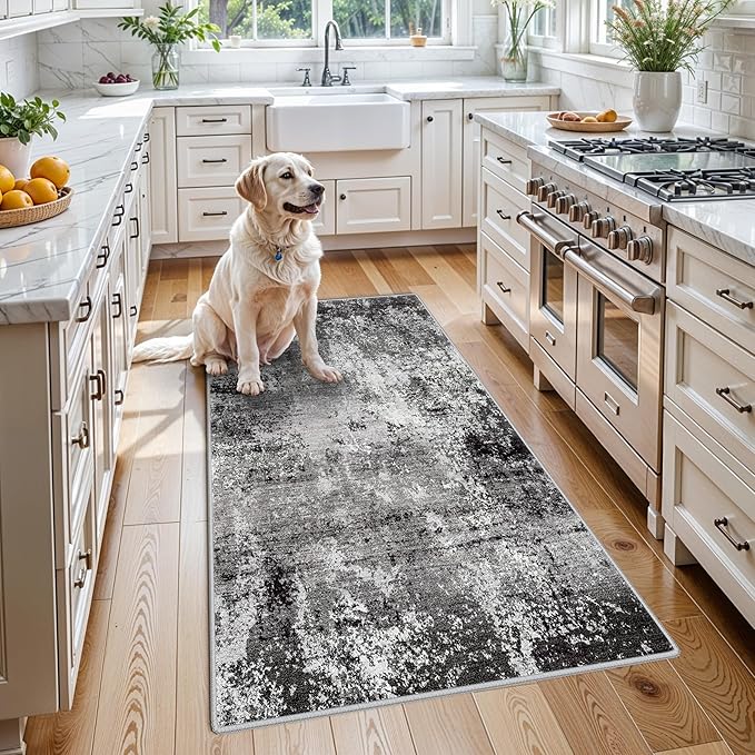 3x4 Washable Entryway Rug – Non-Slip Modern Abstract Small Area Rug for Kitchen, Bedroom, Bathroom – Soft Low-Pile Thin Indoor Door Mat（Black Grey, 3x4）
