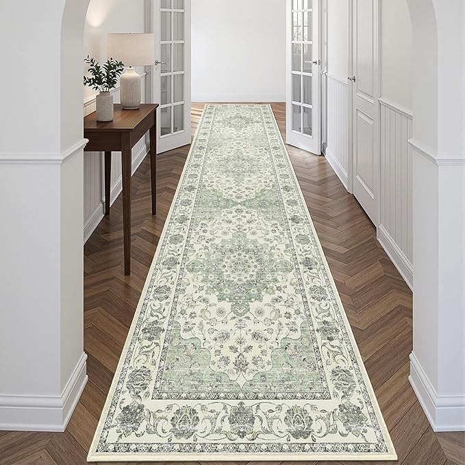 Washable Hallway Runner Rug - 3x12 Floor Carpet Rug Distressed Low Pile Mats Non Slip Soft Rugs for Dining Room with Rubber Backing Bedroom Runner with Vintage Design (Green 3x12)