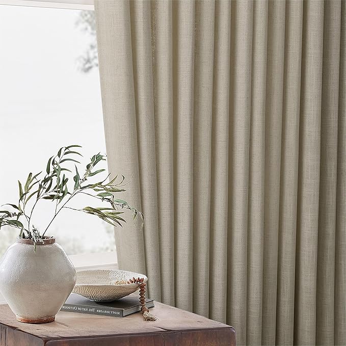 Farmhouse Pleated Linen Khaki Curtains 102 Inches Long 2 Panels Set for Living Room Bedroom Rustic Boho Cotton Linen Oatmeal Back Tab Memory Shape Pinch Pleat Ceiling Floor 102 Inch Window Curtain