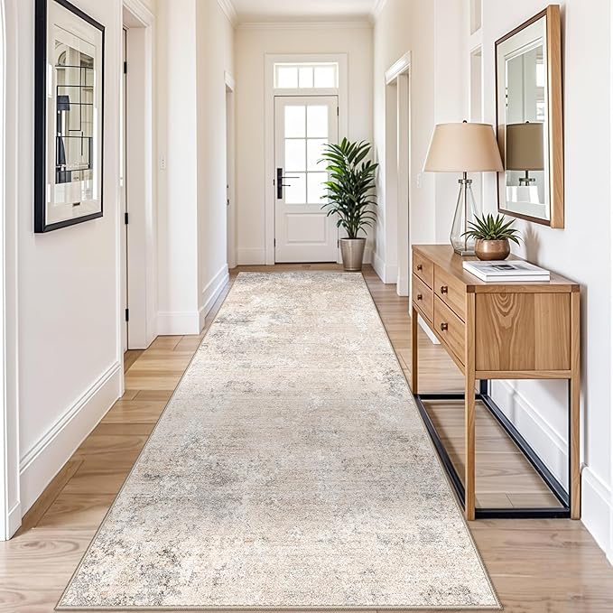 4x10 ft Extra Wide Hallway Rug – Non-Slip Washable Large Carpet Runner for Kitchen, Indoor Entryway, Modern Abstract Low-Pile Thin Floor Mat for Bedroom, Living Room, Dining Room (Beige Grey,4x10)