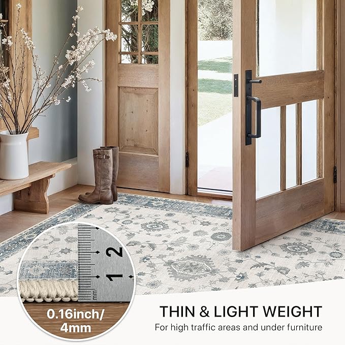 GENIMO Runner Rug for Hallways Machine Washable, 3x7 Non Slip Boho Vintage Lightweight Washable Runners, Thin Floor Rugs for Entryway Hallway Bathroom Laundry Room Corridor, Misty Blue