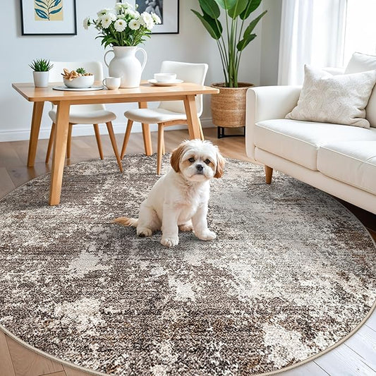 6ft Washable Kitchen Round Rug: Non-Slip Modern Circle Area Rug for Living Room,Dining Room,Under Table – Abstract Neutral Low Pile Soft Circular Carpet (Brown Beige,6x6)