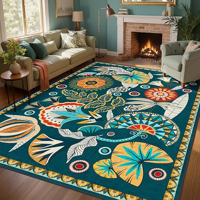 Joydeco Egypt Floral Washable Living Room Rugs 9x12, Dark Green Large Boho Bedroom Dining Room Rug Non Slip, Vintage Low Plie Indoor Throw Rug for Dining Room Nursery Dorm Classroom