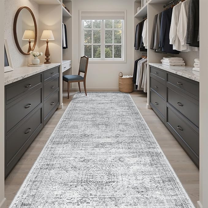 Soalmost 4x10 Wide Hallway Runner Rug: Washable Soft Rug Runners for Living Room Bedroom Ktichen, Stain Resistant Low Pile Area Rugs Non Slip Floor Carpet (Grey, 4x10)