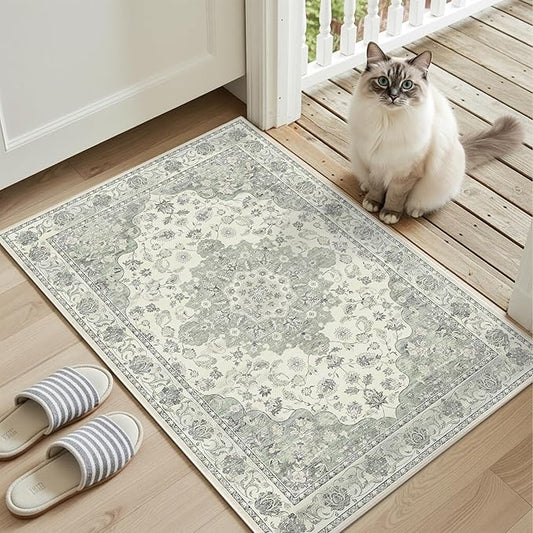 Washable Entryway Runner Rug - 2x3 Kitchen Rug Distressed Low Pile Mats Non Slip Soft Rugs for Dining Room with Rubber Backing Bedroom Runner with Vintage Design (Green 2x3)