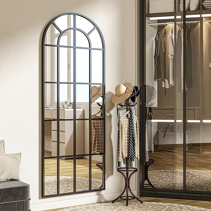 24"×65" Windowpane Arched Full Length Mirror, Grid-Designed Decorative Farmhouse Full Body Floor Mirror with Metal Frame Hanging Leaning for Entryway, Living Room, Home Decor, Black