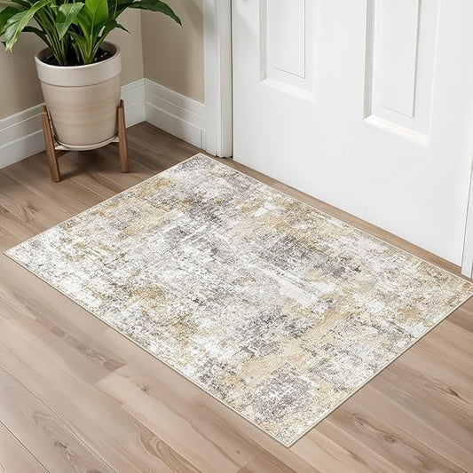 2x3 Washable Non-Slip Area Rug - Soft Low Pile Throw Rug for Kitchen Entryway Bedroom - Modern Indoor Door Mat with Rubber Backing (Gold Grey)