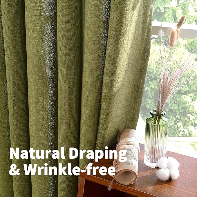 YoungsTex Olive Green Linen Curtains 63 Inches Length for Bedroom - Short Textured Light Filtering Window Drapes with Bronze Grommet Privacy for Living Room/Farmhouse, 2 Panels, 42 x 63 Inch