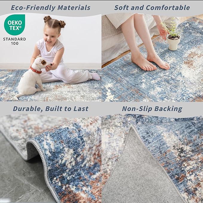 4x8 Washable Indoor Entryway Rug – Non-Slip Rubber Backed Floor Mat for Kitchen, Hallway, Bedroom – Modern Abstract Low-Pile Thin Wide Carpet Runner for Bathroom, Living Room, Office (Blue Rust, 4x8)
