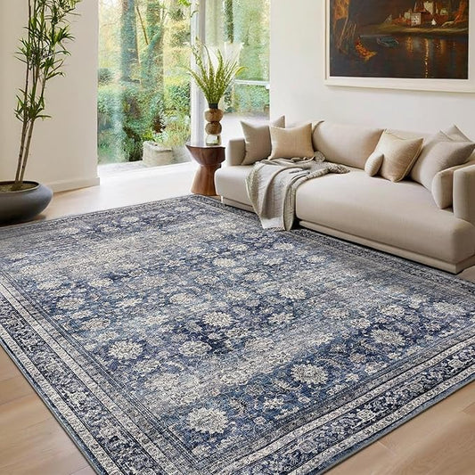 GarveeHome Washable Area Rugs 5x7 Vintage Printed Accent with Non-Slip Backing, Stain-Resistant Oriental Throw Rugs, Farmhouse Low Pile Rugs for Bedroom, Living Room, Blue