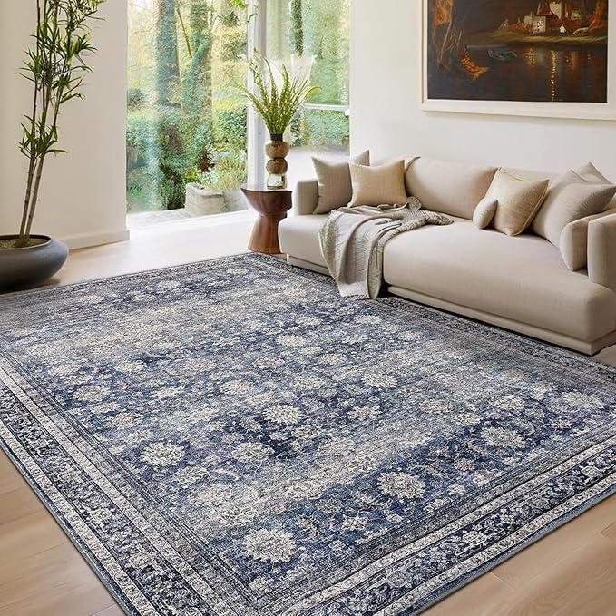 GarveeHome Large Area Rugs 9x12 Vintage Printed Living Room with Non-Slip Backing, Stain-Resistant Oriental, Washable Farmhouse Low Pile Accent Rugs for Bedroom, Office, Blue