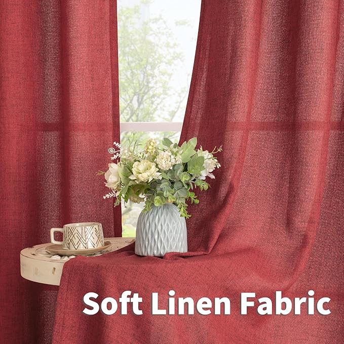 YoungsTex Burgundy Red Linen Curtains 95 Inch Length for Living Room, Extra Long Light Filtering Drapes with Bronze Grommet Privacy for Dining Bedroom, 52 x 95 Inch, 2 Panels