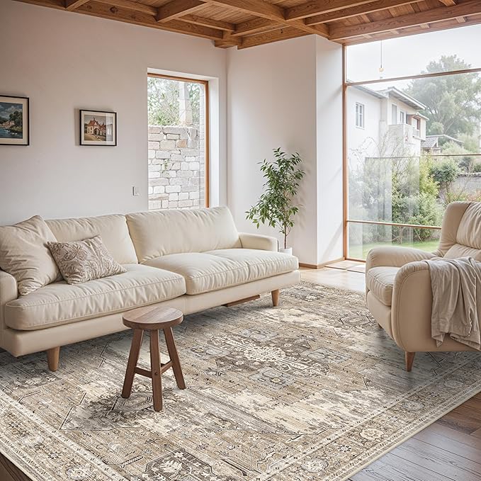 RUUGME Washable 6x9 Area Rug - Vintage Area Rugs with Non Slip Backing Stain Resistant Carpet for Bedroom Dining Room Indoor Soft Carpets Home Decor Decoration Mat for Bathroom 6x9 Beige