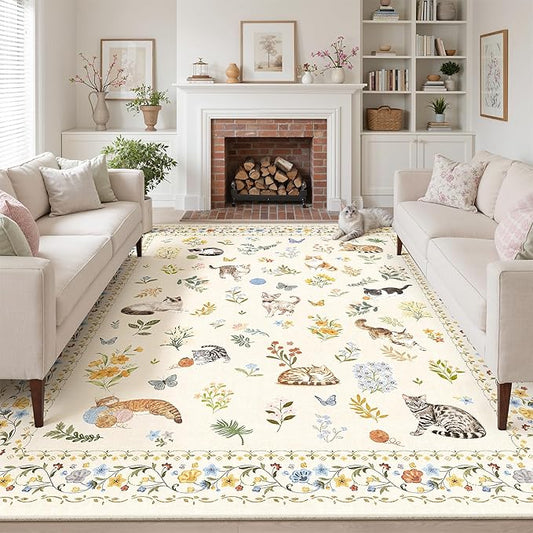 Soalmost Cat 8x10 Area Rugs for Living Room, Machine Washable Animal Floral Vintage Rug Non-Slip Low Pile Soft Throw Large Rugs for Bedroom Dining Room Kitchen Nursery Playroom (8 x 10,Beige)