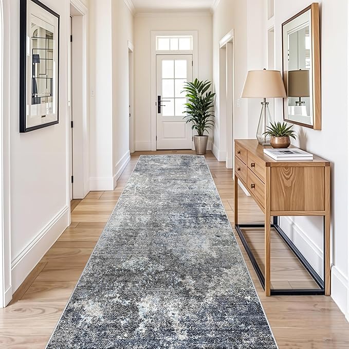4x10ft Extra Wide Hallway Rug – Non-Slip Washable Large Carpet Runner for Kitchen, Indoor Entryway, Modern Abstract Low-Pile Thin Floor Mat for Bedroom, Living Room, Dining Room (Blue Grey,4x10)