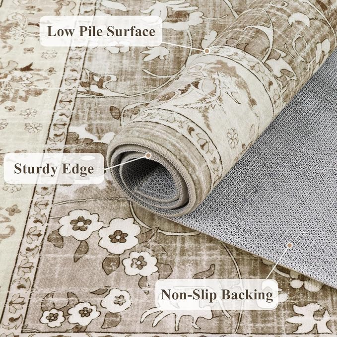 LOKHOM Living Room Area Rug 6x9, Non-Slip Vintage Soft Bedroom Rug with Rubber Backing, Low Pile Boho Floral Faux Wool Floor Carpet Distressed Rug for Bedroom Dining Room（Beige Brown）