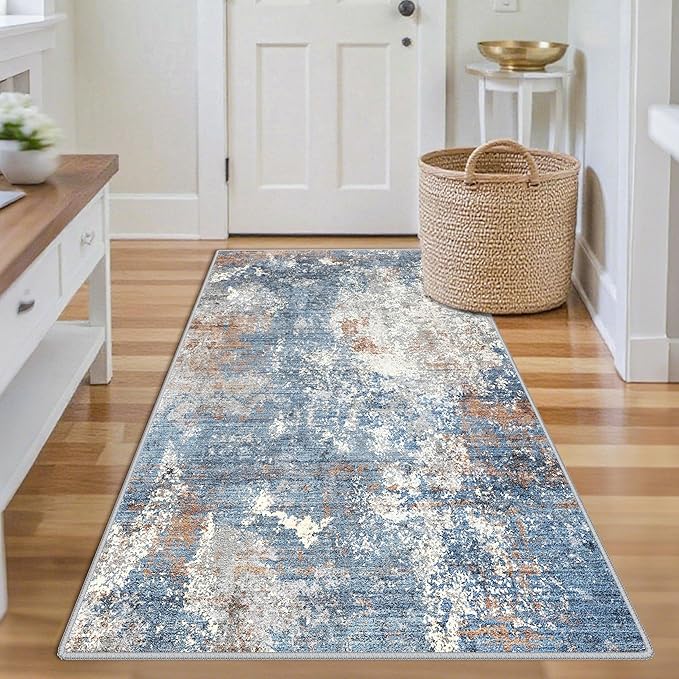 3x4 Washable Entryway Rug – Non-Slip Modern Abstract Small Area Rug for Kitchen, Bedroom, Bathroom – Soft Low-Pile Thin Indoor Door Mat（Blue Rust，3x4）
