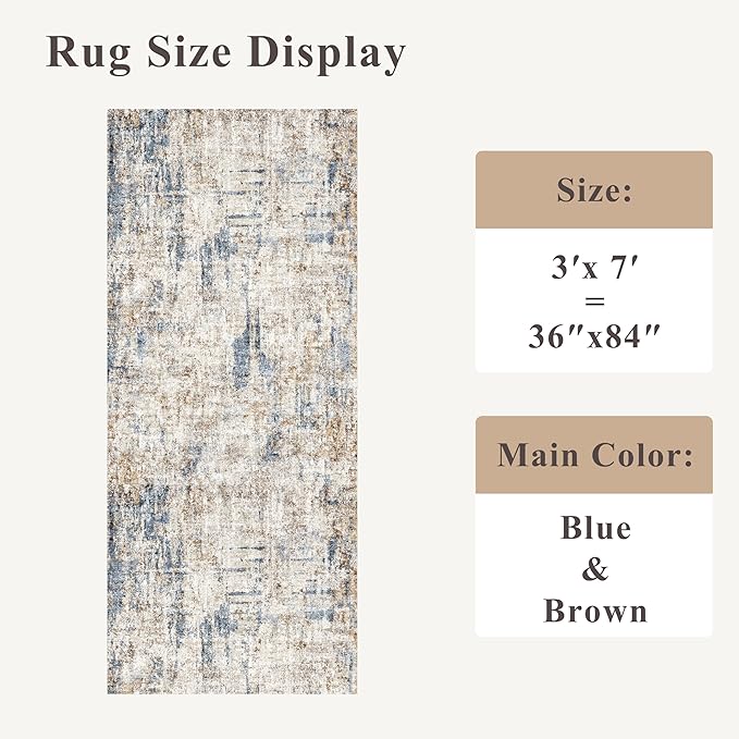 3x7 Washable Non-Slip Kitchen Runner Rug – Modern Abstract Neutral Beige & Gray Carpet for Hallway, Entryway, Bedroom, Laundry Room – Low-Pile Thin Wide Floor Runner with Rubber Backing（Blue Brown）