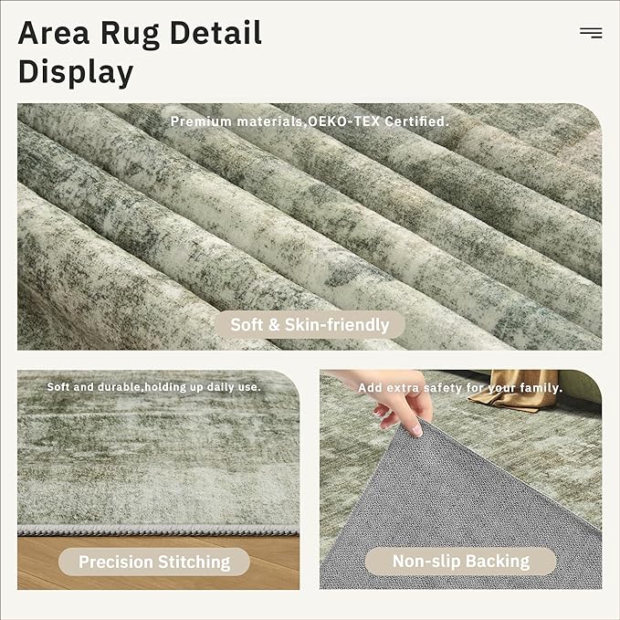 Soalmost Abstract Rug 8x10 Large Living Room Neutral Modern Washable Area Rugs for Bedroom Dining Room Non-Slip Stain Resistant Foldable Thin Green Black