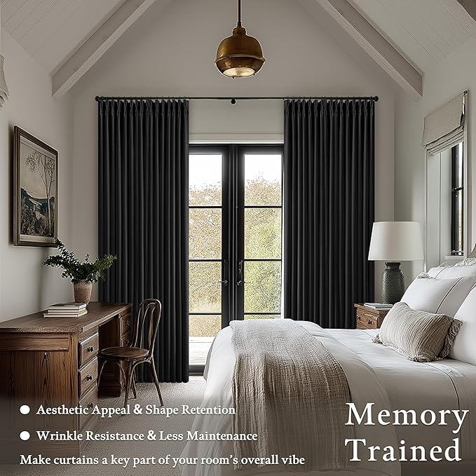 Black Pinch Pleated Blackout Linen Curtains 86 Inches Long for Bedroom Pleated 100% Black Out Drape with Liner Modern Farmhouse Midnight Extra Long 86 Inch Window Curtain Panel for Living Dining Room