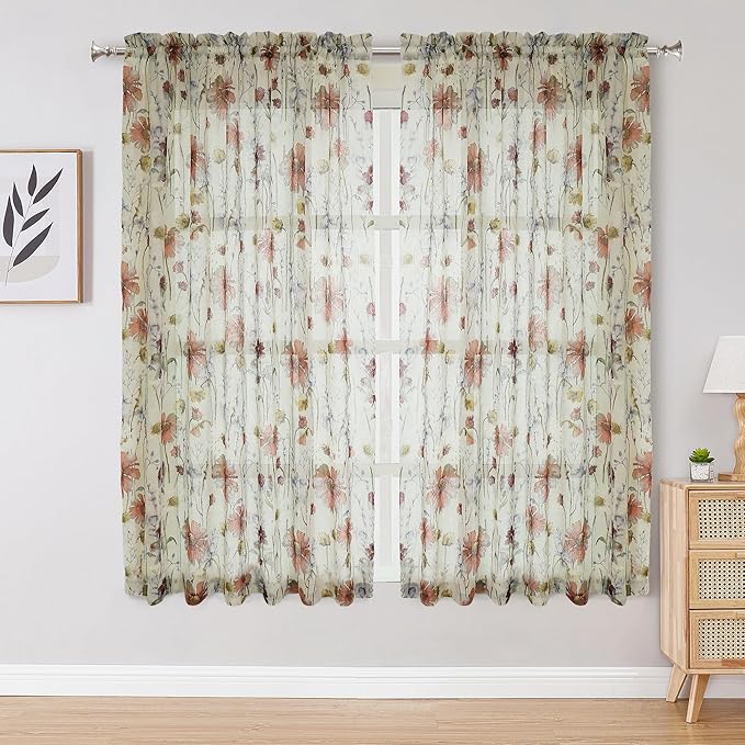 OWENIE Crushed Sheer Curtains 63 Inches Length 2 Panels Set, Sheer Floral Curtians with Printed Design, Printing Drapes on Sheers for Living Room, Rod Pocket Light Filtering Window Sheers 42" W x 63"L