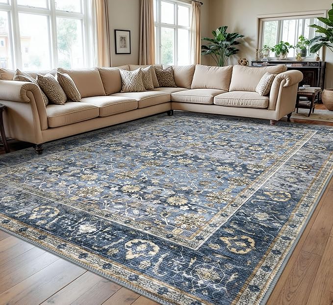 KUTA Vintage Floral 9x12 Area Rug, Blue Grey Beige Large Washable Rugs for Living Room Non Slip, Ultra Thin Soft Print Distressed Flower Low-Pile Traditional Carpet for Bedroom Dining Room Dorm Office