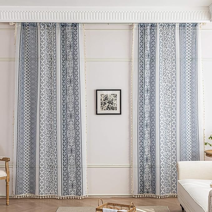 Black Totem Sheer Curtains 72 inch Long, Fringed Edges and Textured Semi Sheer Curtains Large Window Treatments for Living Room/Bedroom, 2 Panels