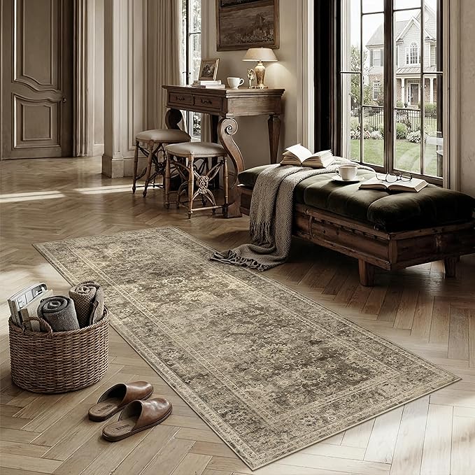 2x5 Washable Runner Rug for Kitchen Hallway Brown Vintage Non-Slip Low Pile Distressed Rustic Carpet Soft Throw Rug for Indoor Entryway Bedroom
