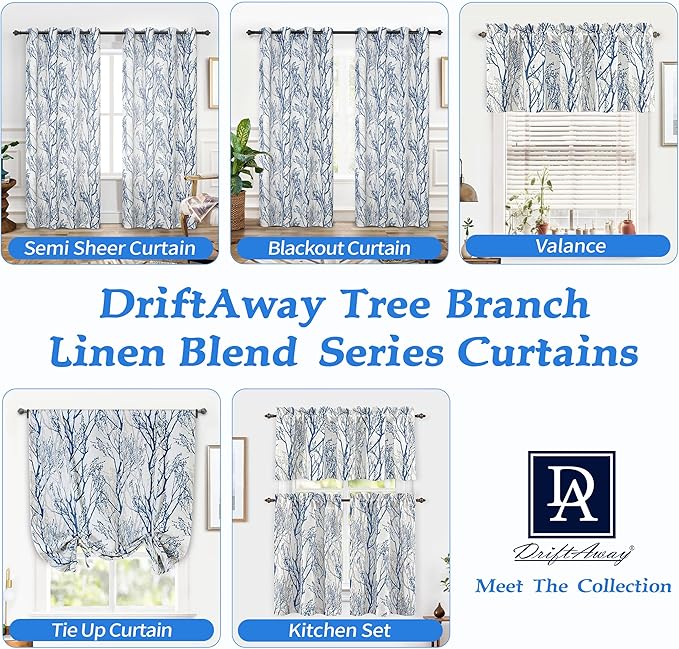 DriftAway Tree Branch Linen Lined Valance Double Layer Thermal Insulated Room Darkening Blackout Valances 3 Inch Rod Pocket Short Window Valance for Living Room Bathroom 52 Inch by 24 Inch Blue