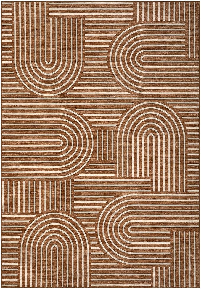ROYHOME Washable Rug 6x9 Area Rugs for Living Room, Abstract Rug for Bedroom, Soft Rainbow Non Slip Throw Rugs with Rubber Back, Low Pile Stain Resistant Boho Geometric Carpet for Dining Room, Copper
